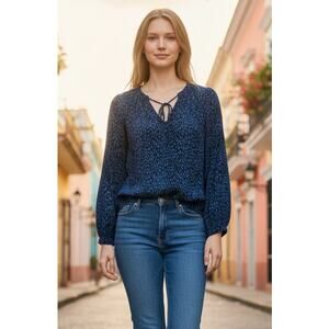 GAP woman S tall blue sheer blouse long sleeve lightweight top tie neck